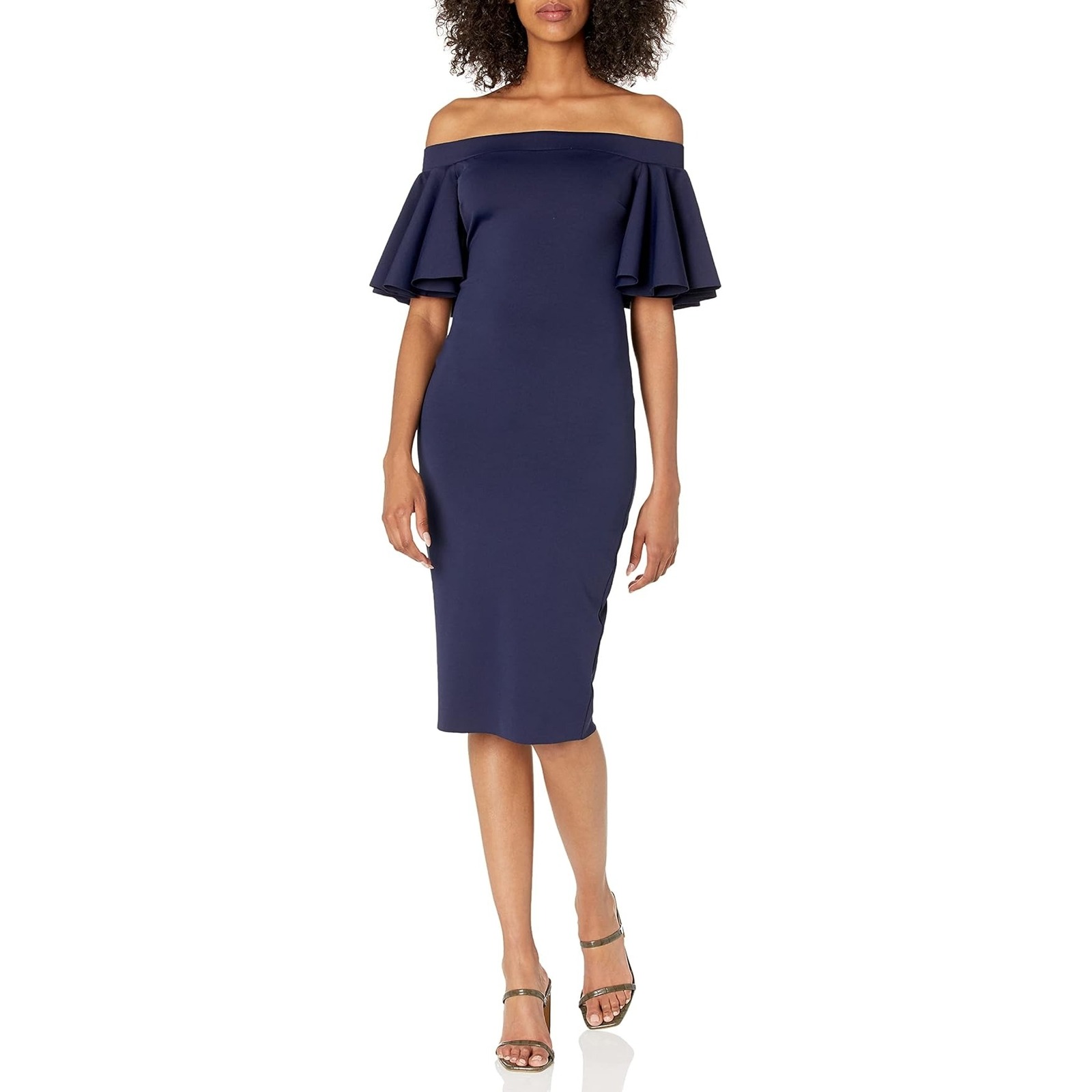 Trina Turk Navy Blue Off The Shoulder Ruffle Sleeve Sheath Midi Dress 4 Td177504
